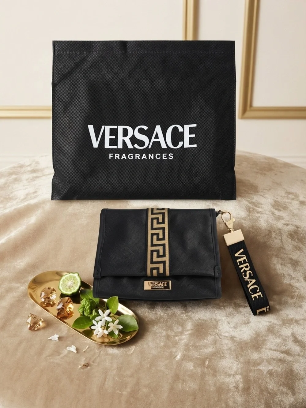 Versace Black and Gold Greek Key Wrist Strap Clutch